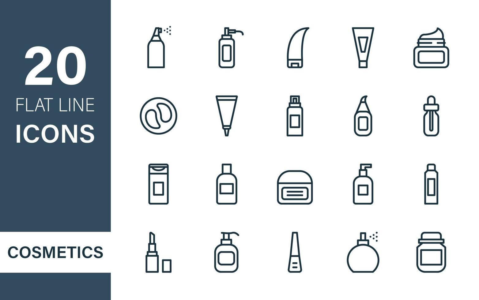 schoonheidsproducten voor lichaams-, huid- en haarverzorging. set van cosmetische fles lijn iconen. flesjes met spray, dispenser, zalfpotje, tube en verschillende containers. vectorillustratie. vector