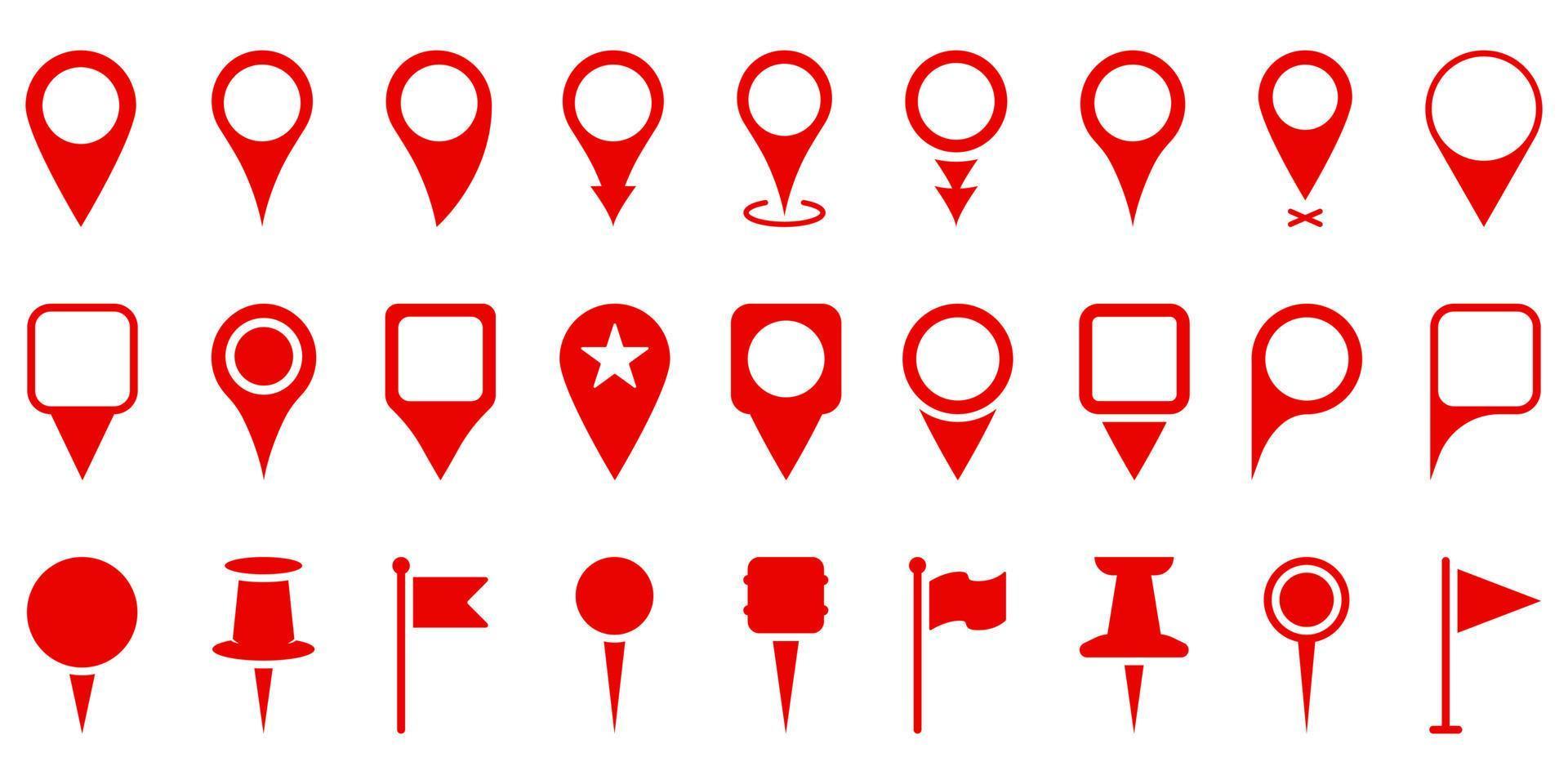 rode locatie pinnen instellen silhouet pictogram. markeerpunt op kaart, plaats locatiepictogram. vlagteken, punaiseteken. aanwijzer navigatie symbool. rode gps-tagverzameling. geïsoleerde vectorillustratie. vector