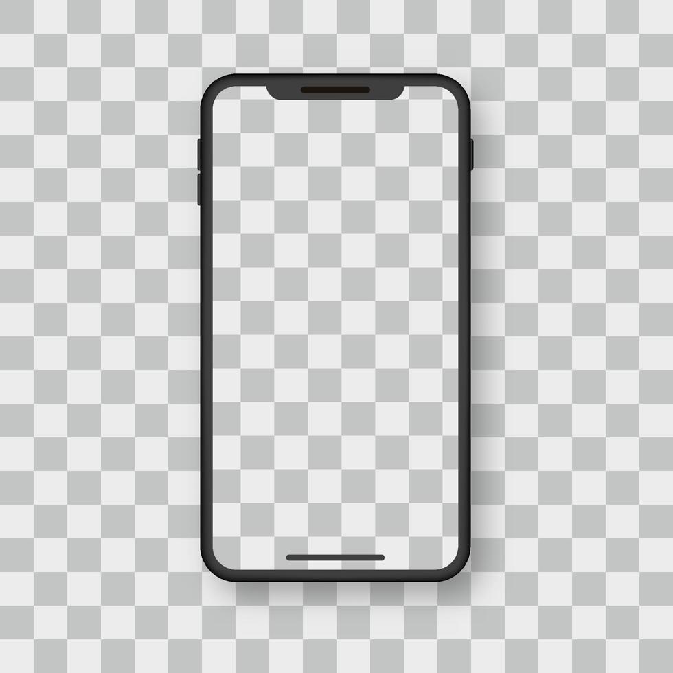 smartphonemodel met transparant scherm. zwarte mobiele telefoon op transparante achtergrond met leeg scherm. bespotten van realistische smartphone. vooraanzicht. vectorillustratie. vector