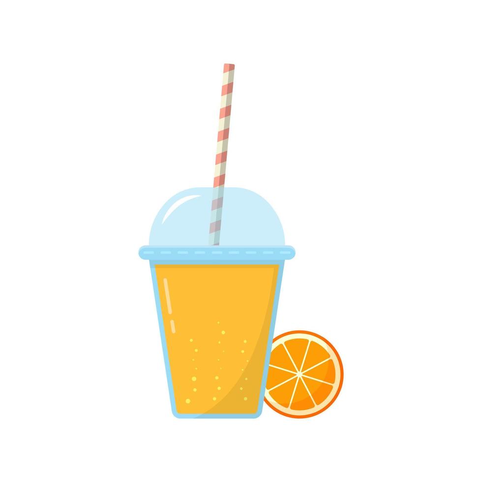 vers sinaasappelsap in glas met dopillustratie. ijs fruitcocktails in plastic beker met rietje. plakje sinaasappel en verse limonadeillustratie. geïsoleerde vector. vector
