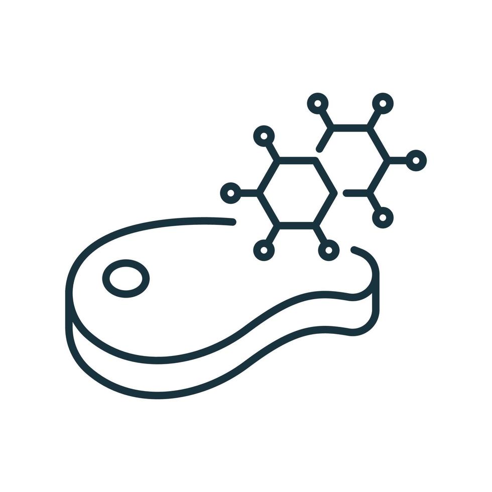 dna-molecuul en vlees kunstmatig voedsel lijn icoon. genetisch gekweekt vlees lineair pictogram. gen gewijzigd vlees overzicht icoon. toekomstige laboratoriumtechnologie. geïsoleerde vectorillustratie. vector