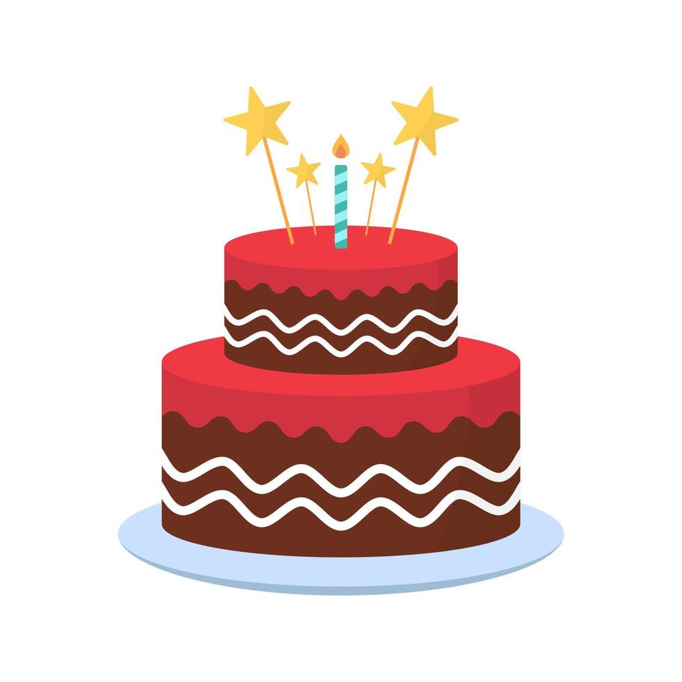 heerlijke taart met kaarsen voor verjaardagsfeestje. leuke cake met slagroom op plaat voor verjaardag, jubileum, bruiloft. kleurrijke zoete smakelijke bakkerij. geïsoleerde vectorillustratie. vector