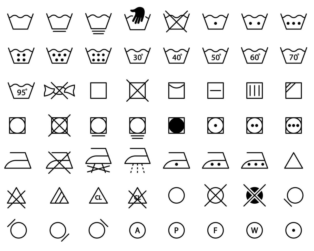 Wasserij gids lijn pictogramserie. symbool voor wasverzorging en wasinformatie. machine- en handwas, droog, katoenen doek schoonmaken, gebruik ijzeren overzichtspictogram. geïsoleerde vectorillustratie. vector