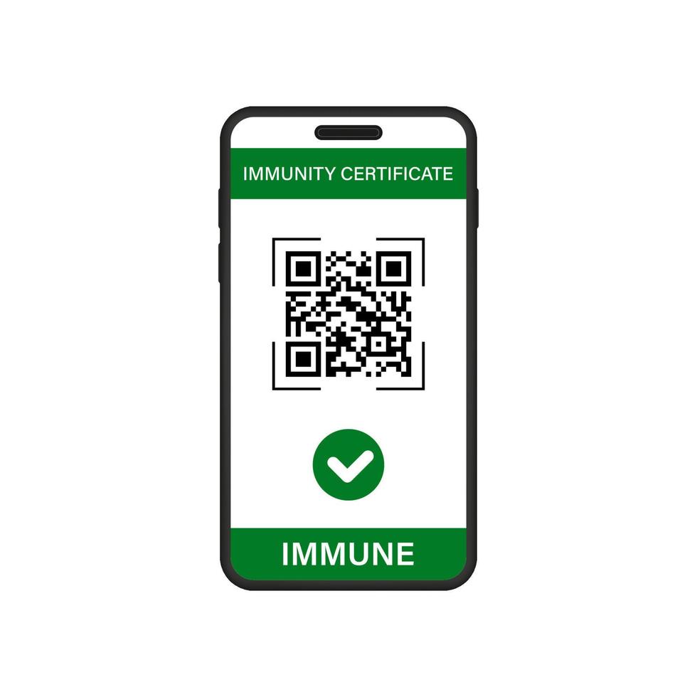 immuniteitscertificaat in mobiele telefoon. digitale groene pas in smartphonepictogram. gecontroleerd immuniteitscertificaat met scan qr-code in mobiele telefoon. epidemiebestrijdingsdocument. geïsoleerde vectorillustratie. vector