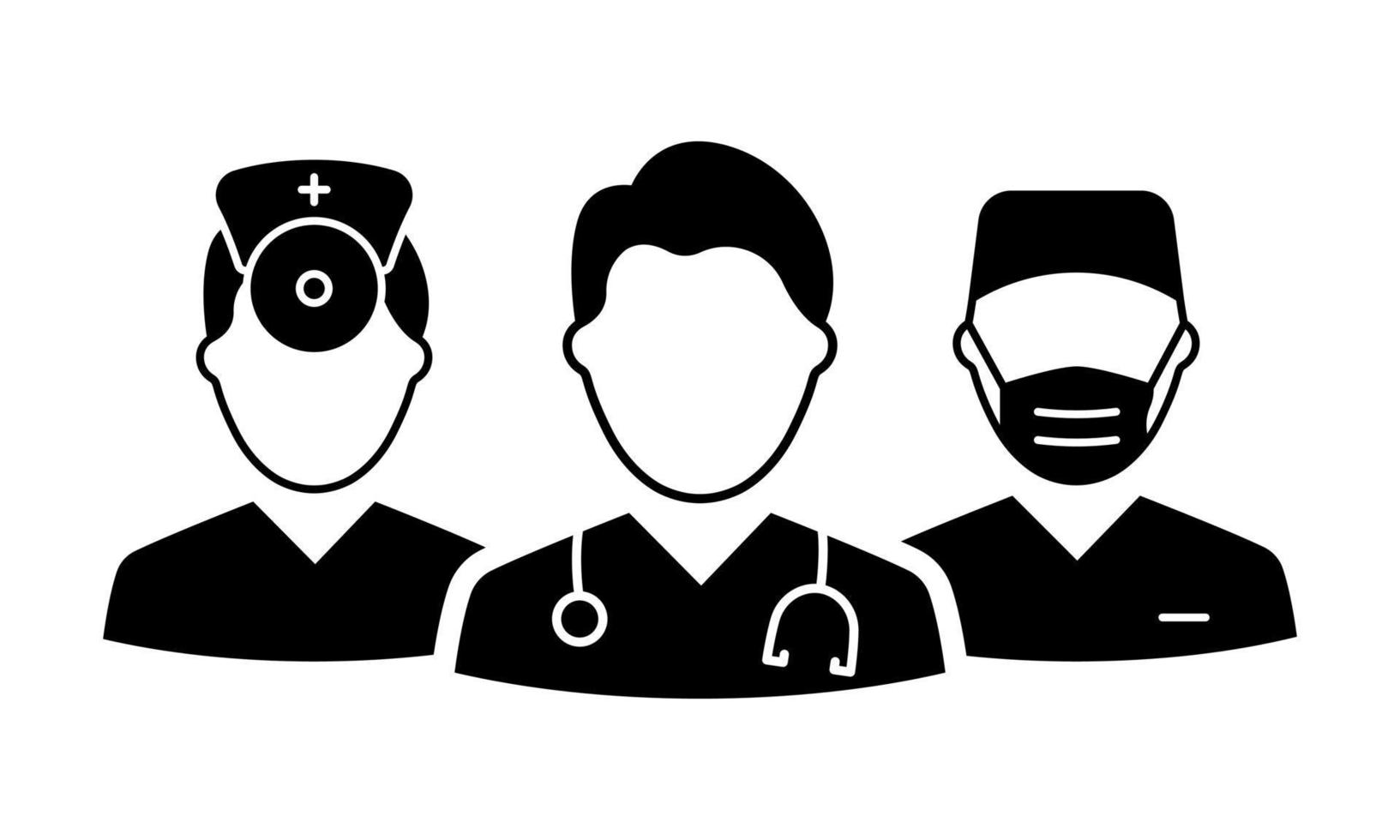 team van medic professionele artsen silhouet icoon. mannelijke artsenspecialist, otolaryngoloog en chirurgpictogram. assistenten en verpleegster zwart pictogram. geïsoleerde vectorillustratie. vector