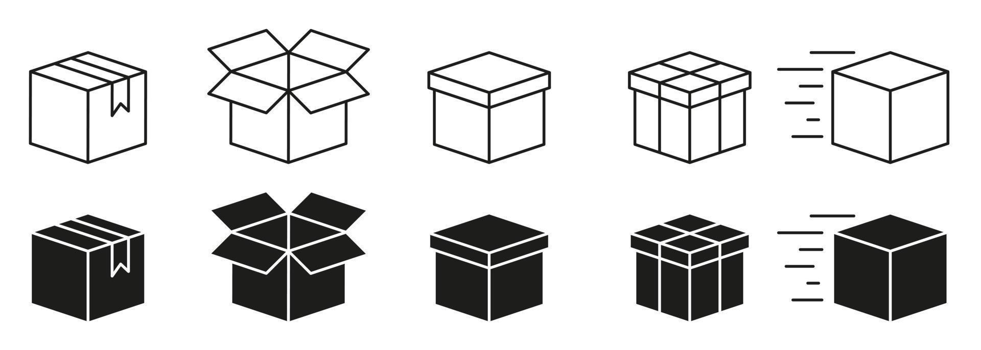 kartonnen dozen lijn en silhouet icon set. open en gesloten pakketcollectie icoon. levering icoon. kartonnen dozen. geïsoleerde vectorillustratie. vector