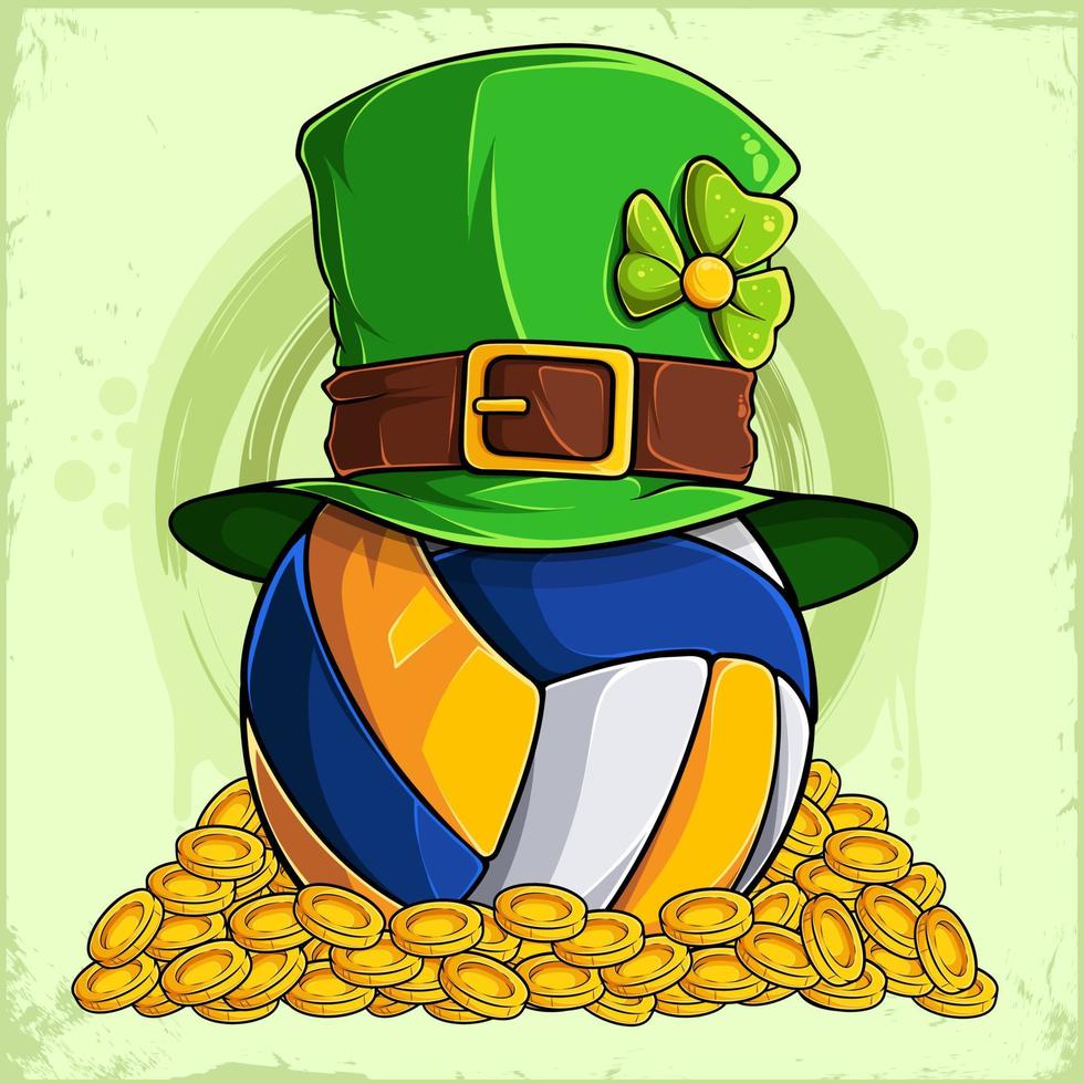 st patrick's day geluksvolleybalbal met kabouterhoed in een stapel gouden munten vector