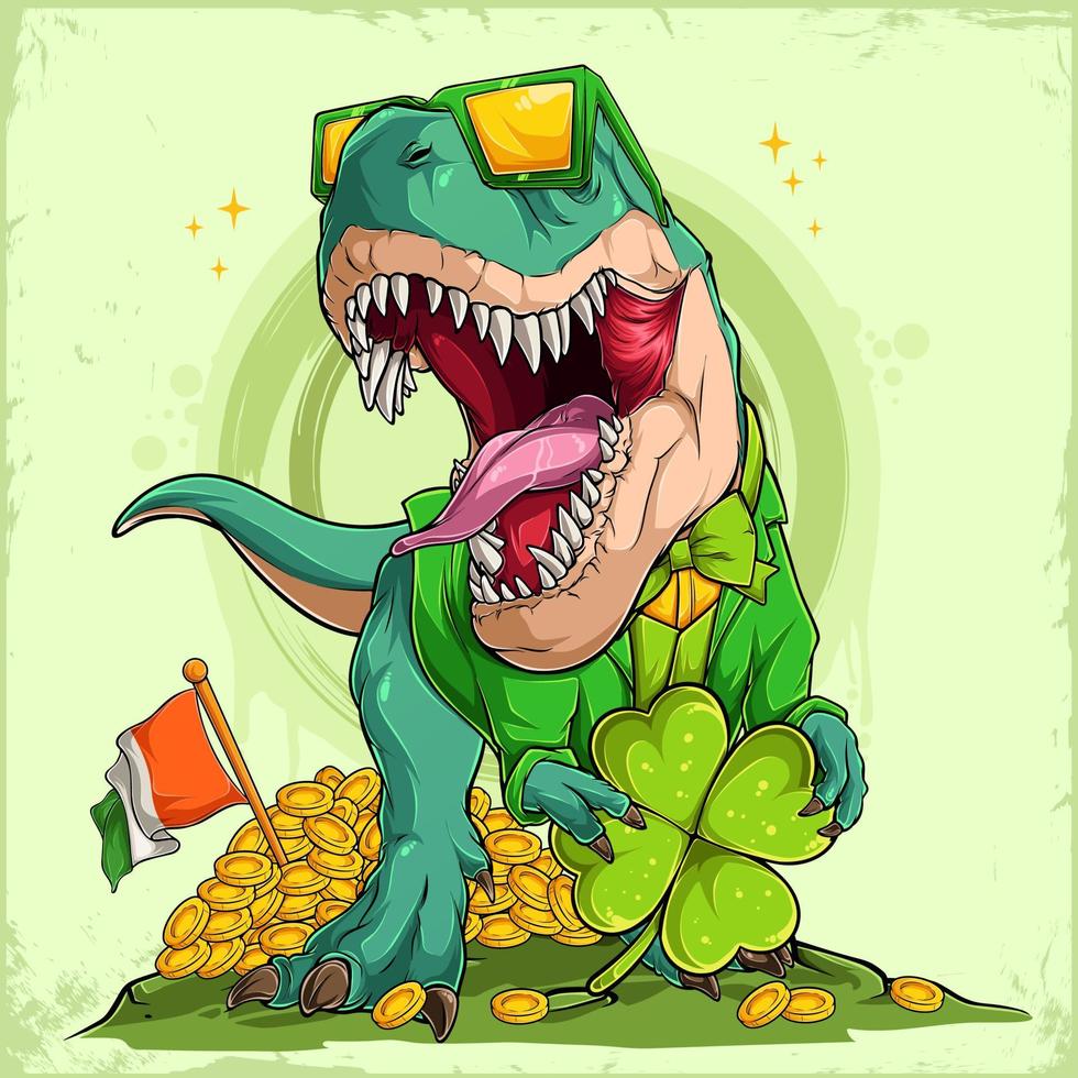 st patrick's day gelukkige dinosaurus t rex in kabouterpak met een grote klaver en een Ierse zonnebril vector