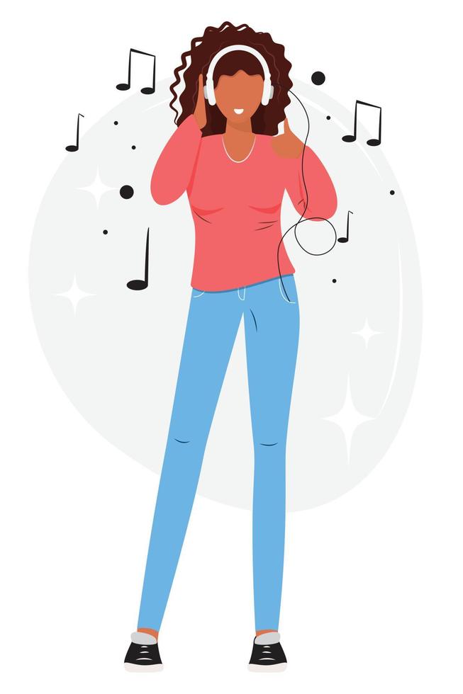 jonge mooie vrouw luisteren naar muziek, radio, podcast. vrouw met koptelefoon genieten van goede muziek. muziekliefhebber concept illustratie. vector