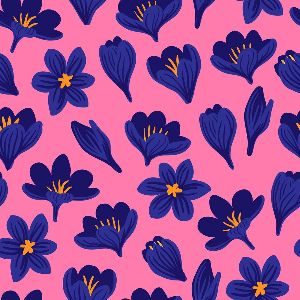 natuur lente naadloze patroon met hand getrokken krokus bloemen. bloemenweidegras ontwerpelementen voor huwelijksuitnodigingen, pasen, moeder- en vrouwendagwenskaart, scrapbooking, print, cadeaupapier vector