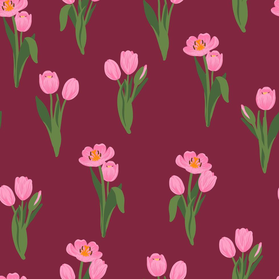 naadloze bloemmotief rode, gele, paarse, roze tulpen en groene bladeren. lente bloemen achtergrond voor verpakking, textiel, behang, plakboek, pasen, gelukkige moeders, womens dag. plat cartoonontwerp vector