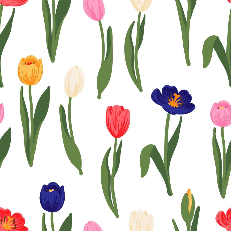 naadloze bloemmotief rode, gele, paarse, roze tulpen en groene bladeren. lente bloemen achtergrond voor verpakking, textiel, behang, plakboek, pasen, gelukkige moeders, womens dag. plat cartoonontwerp vector