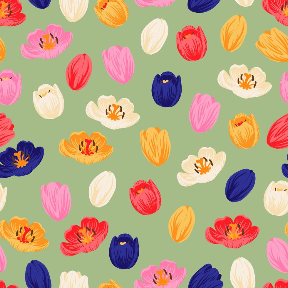 naadloze bloemmotief rode, gele, paarse, roze tulpen en groene bladeren. lente bloemen achtergrond voor verpakking, textiel, behang, plakboek, pasen, gelukkige moeders, womens dag. plat cartoonontwerp vector