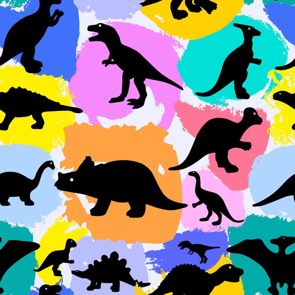naadloos patroon met silhouetten van dinosaurussen en aquarel kleurrijke vlekken. preistorische dieren. vectorachtergrond. voor stof textiel, achtergrond, behang, inwikkeling. kinderkleren. vector