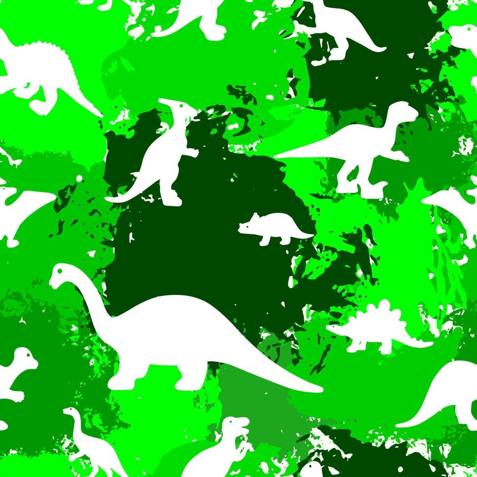 naadloos patroon met dinosaurussilhouet op groene waterverfvlekken. prehistorische wilde dieren concept. achtergrond van het kind. vectorbehang. verpakking, stof textiel. vector