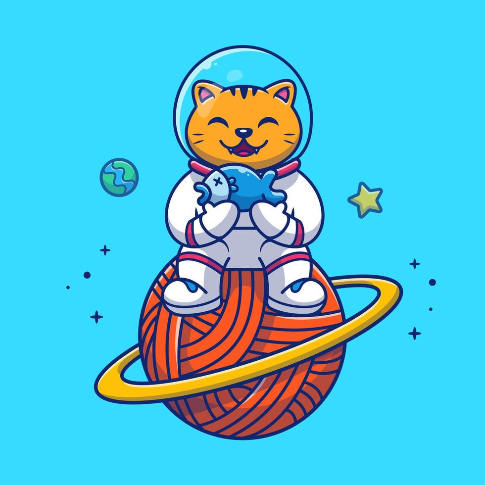 schattige kat astronaut zittend op de planeet met vis cartoon vector pictogram illustratie. dierlijke technologie pictogram concept geïsoleerde premium vector. platte cartoonstijl
