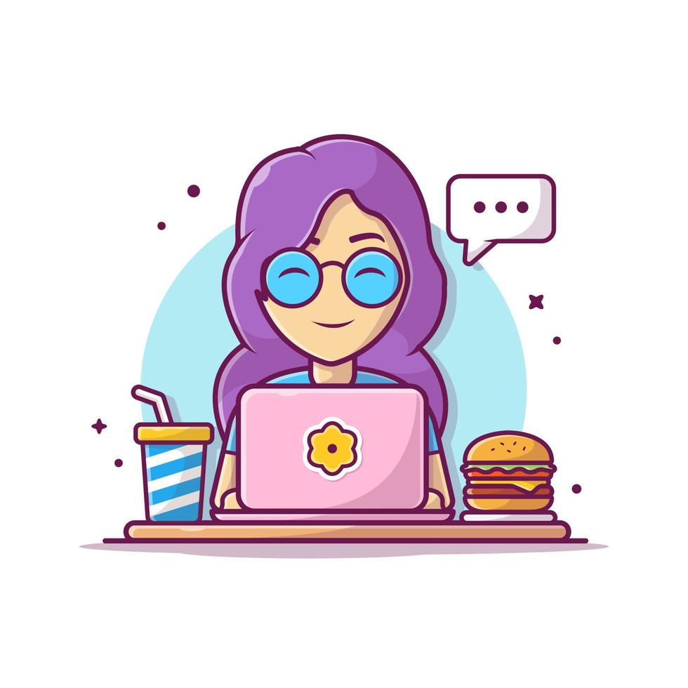 vrouw operationele laptop met hamburger en frisdrank en toespraak bubble cartoon vector pictogram illustratie. mensen eten pictogram concept geïsoleerde premium vector. platte cartoonstijl