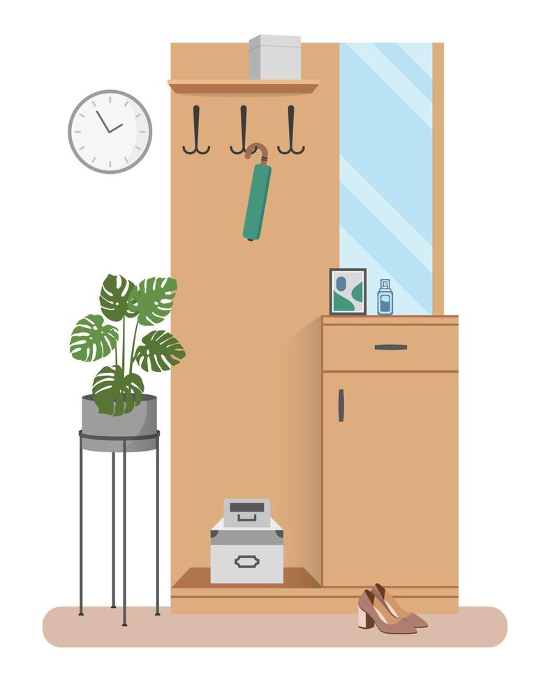 platte vectorillustratie van interieur, hal, meubilair. kleerkast met spiegel en hanger, kamerplant. geïsoleerd element van meubilair op witte achtergrond, gangconcept vector