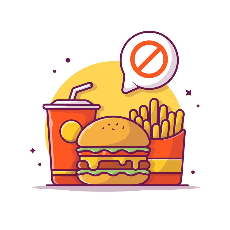 hamburger, frietjes en drankje met verboden toespraak bubble cartoon vector pictogram illustratie. voedsel object pictogram concept geïsoleerde premium vector. platte cartoonstijl