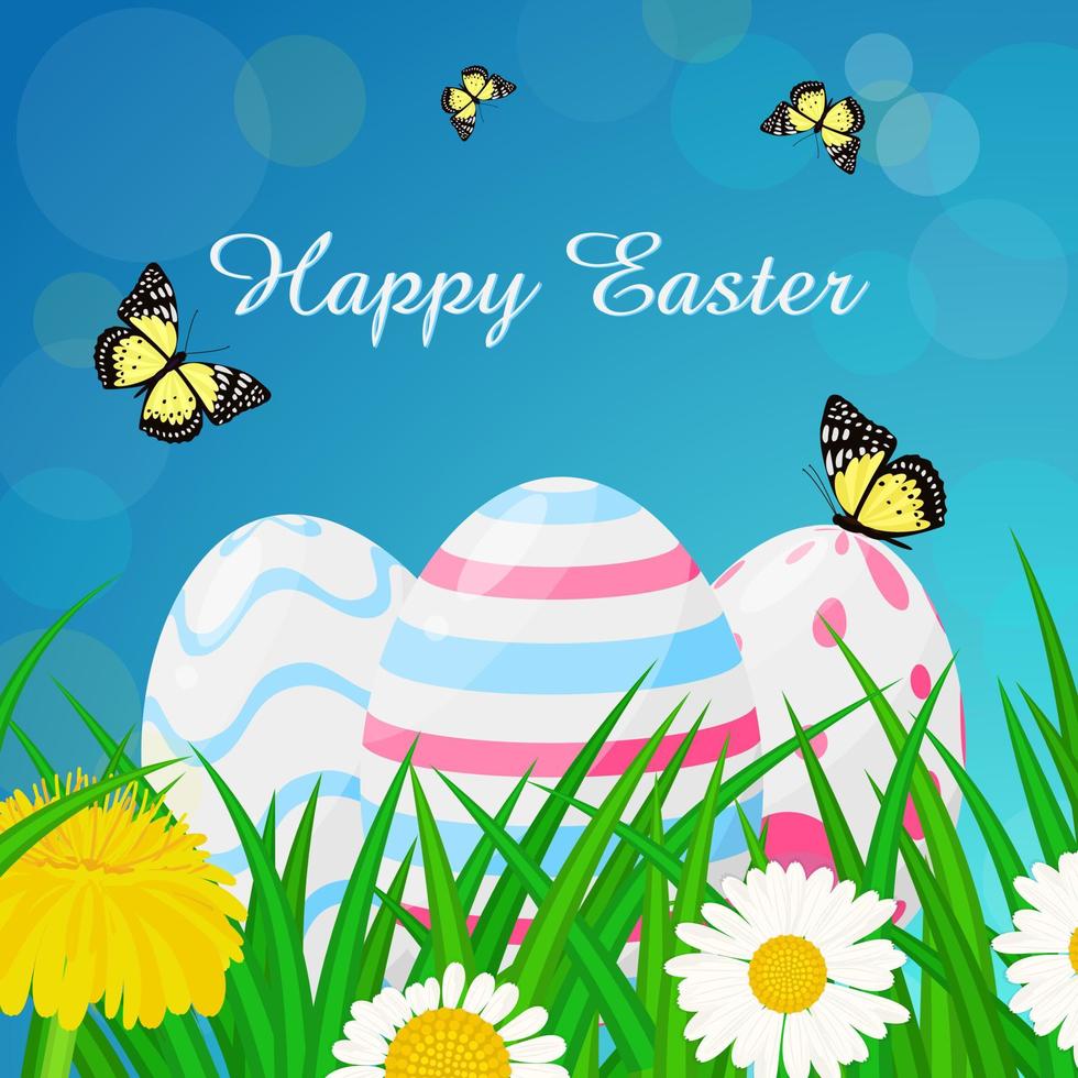 vrolijk Pasen lente achtergrond met getextureerde eieren, bloemen, gras en vlinders vector