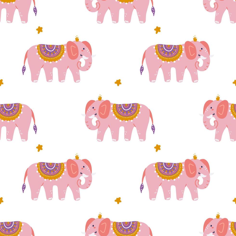 grappige roze olifant met kroon, vector naadloos patroon in de hand getekende stijl, print voor kleding, papierproducten