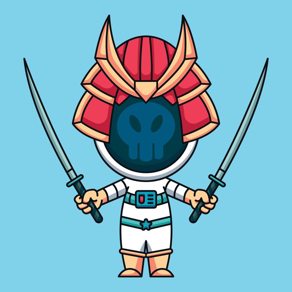 samurai-astronaut met twee katana, schattige cartoonpictogramillustratie vector