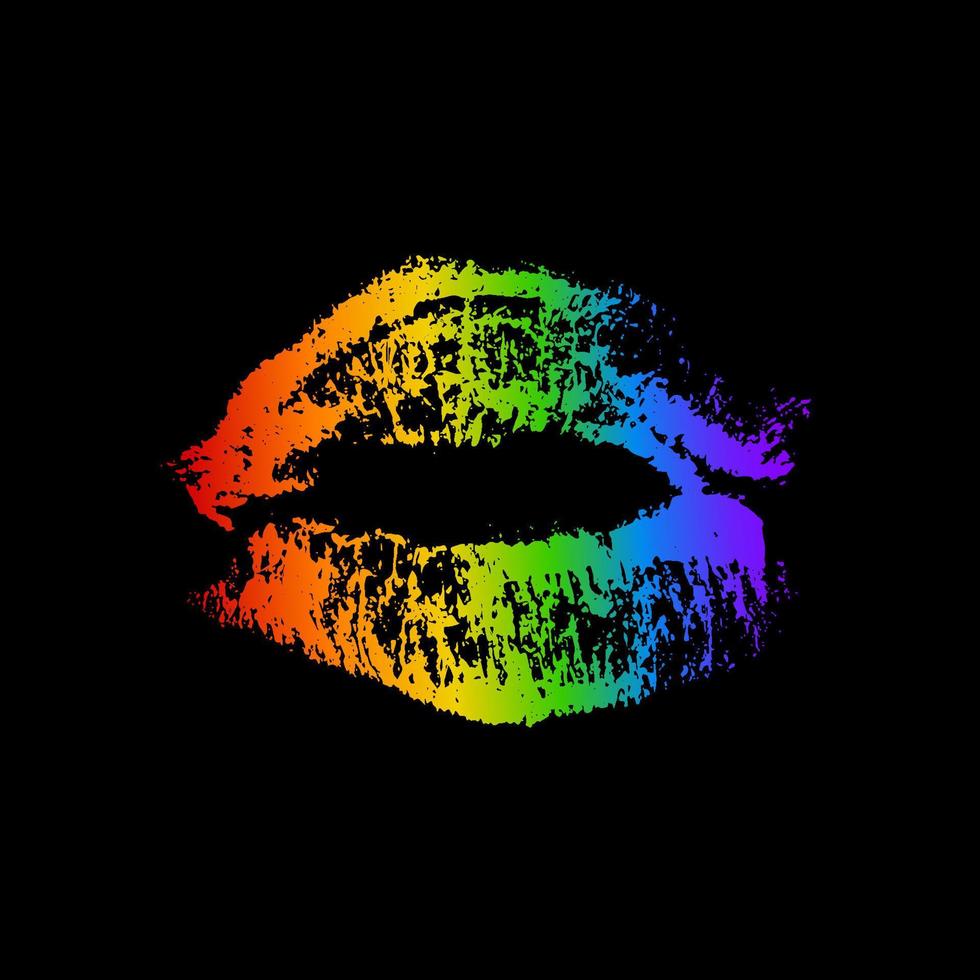 regenboog lippenstift kus op zwarte achtergrond. LGBT gemeenschap symbool. gay pride vectorillustratie. afdruk van de lippen. internationale dag tegen homofobie poster, teken, wenskaart, flyer, sticker. vector