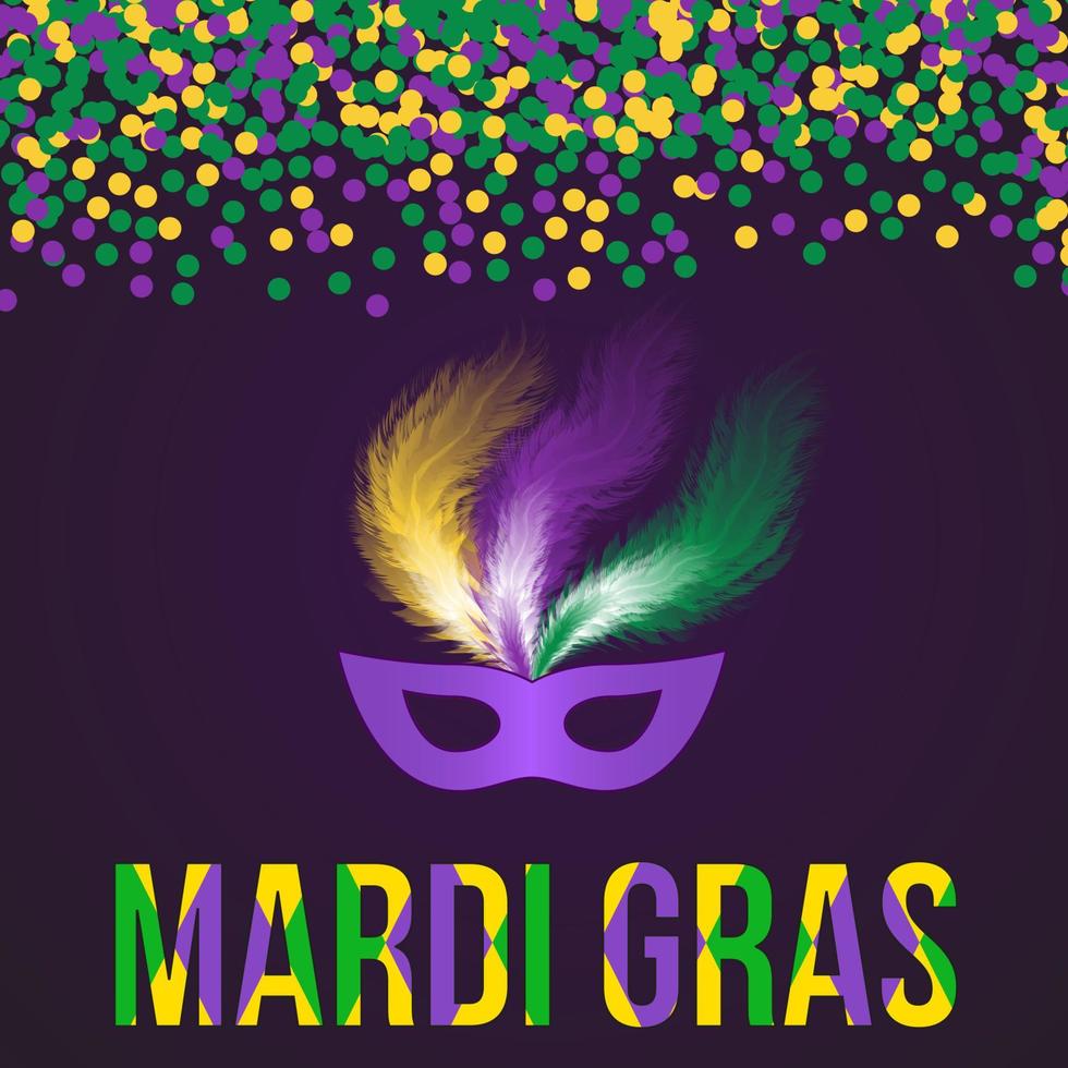 mardi gras carnaval vectorillustratie met groene, paarse en gele confetti en masker op donkere achtergrond. eenvoudig te bewerken ontwerpsjabloon voor uw projecten. vector