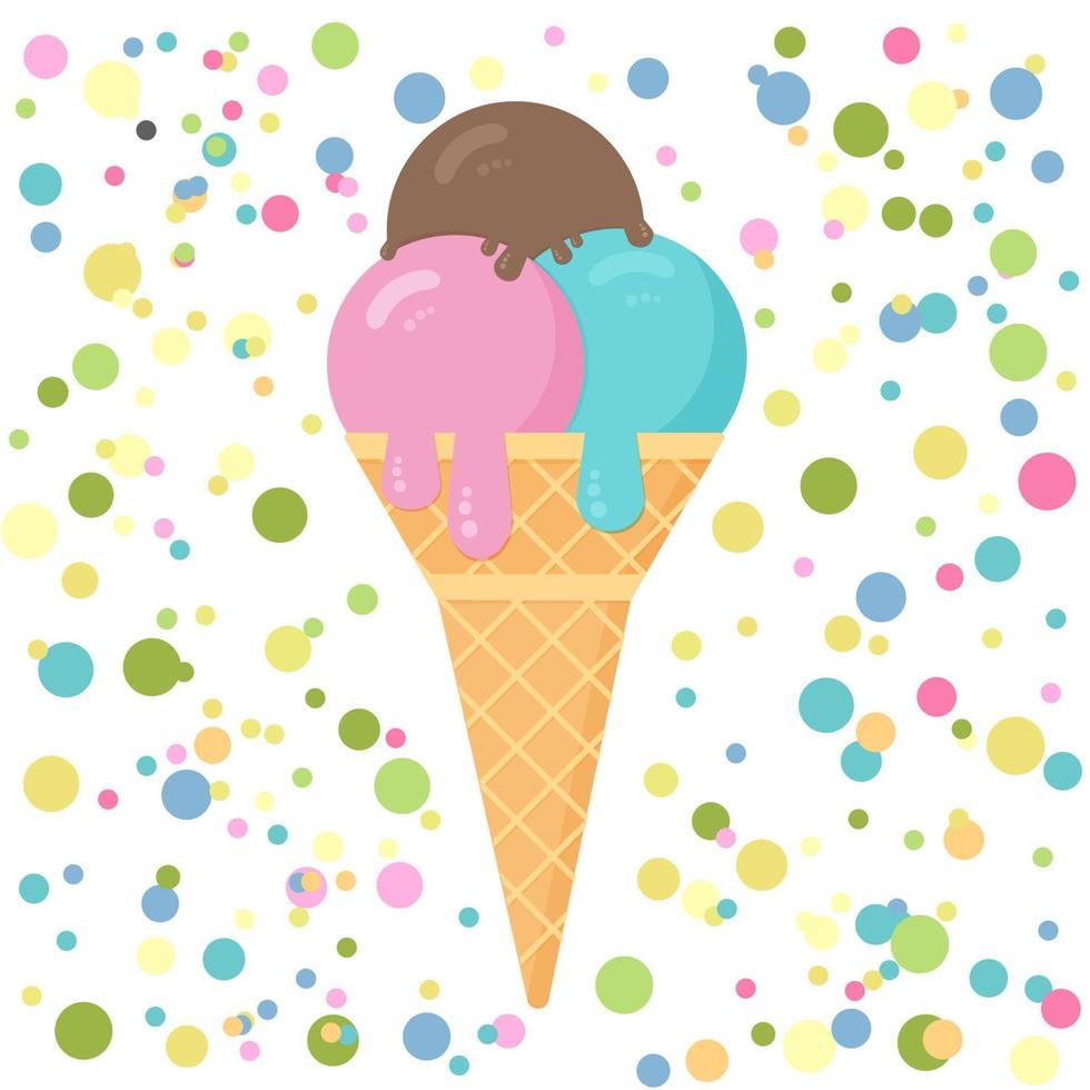 kleurrijk ijs met kleurrijke confetti achtergrond. cartoon ijsje in vlakke stijl. concept van zomerfestival vectorillustratie. Italiaans ijs. vector