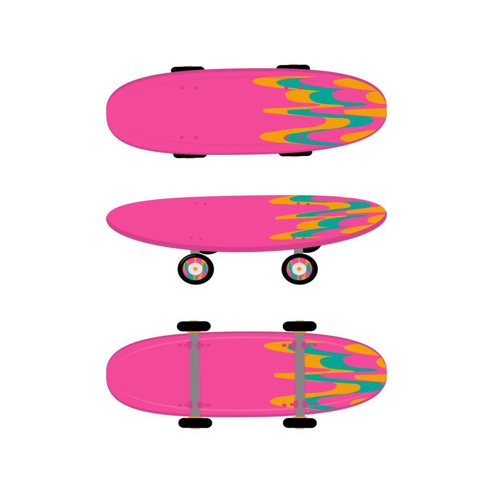 helder roze skateboard geïsoleerd beeld op een witte achtergrond. skateboard boven-, onder- en zijaanzicht. vector illustratie