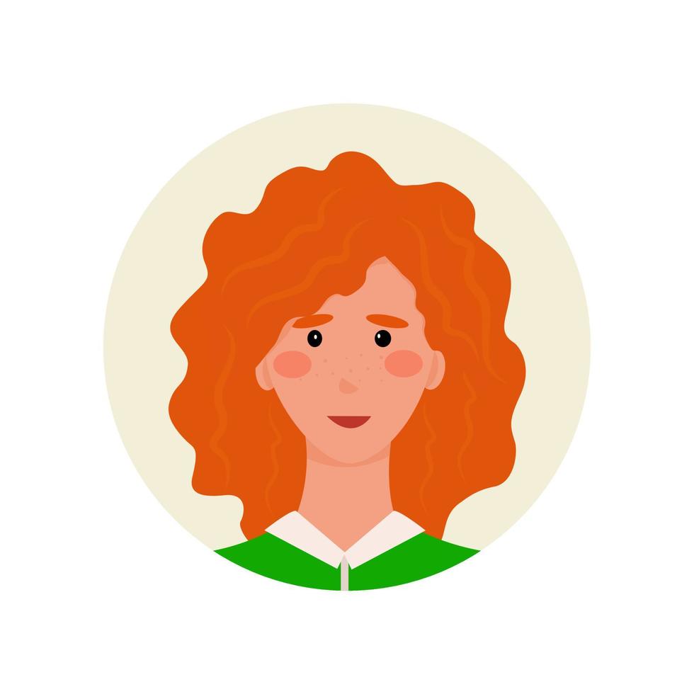avatar roodharige krullende vrouw in een groen shirt. ontwerpelement voor forums, blogs, ondersteuning, chatbots. vector illustratie