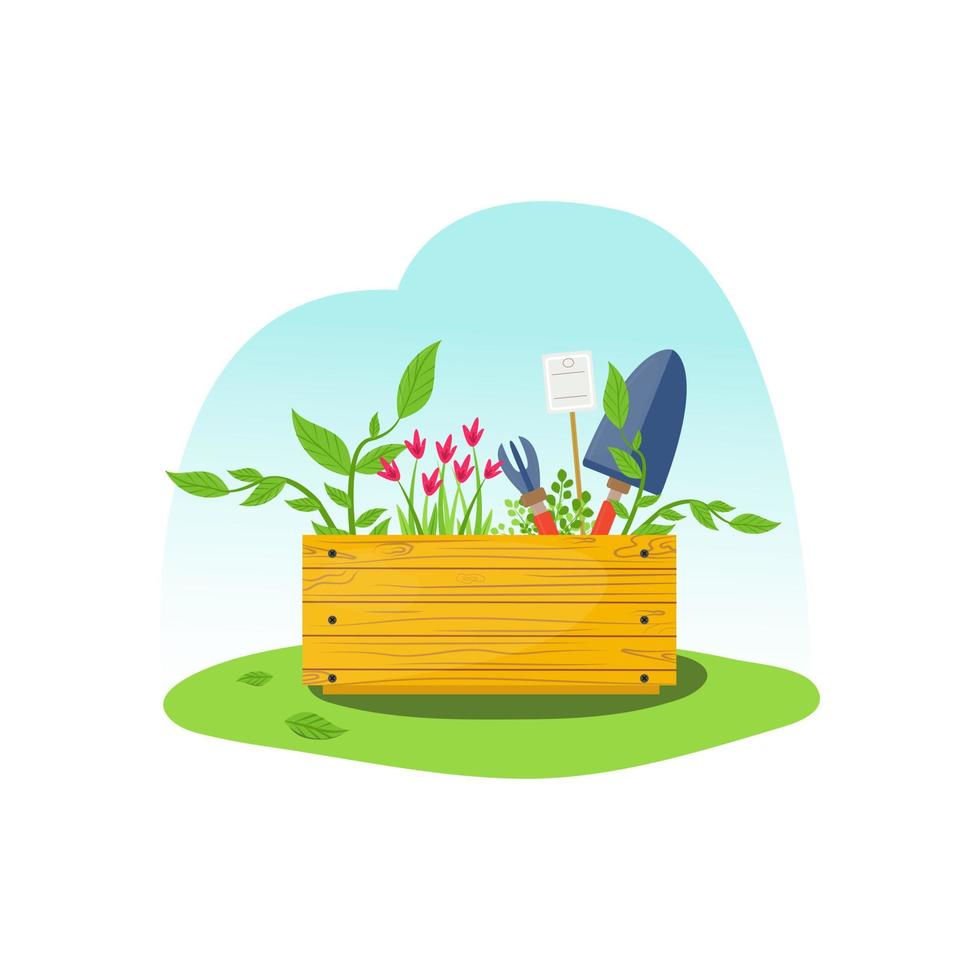 concept van een doos met tuingereedschap op groen gras. houten kist met spatel, ripper, bloemen en klimplant. tuinieren, verplanten, lenteactiviteit, land. platte vectorillustratie vector