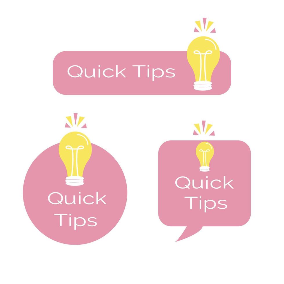 snelle tips informatie knop. berichtpictogrammen met gloeilampenset. roze sjabloon geïsoleerd op een witte achtergrond. vector illustratie