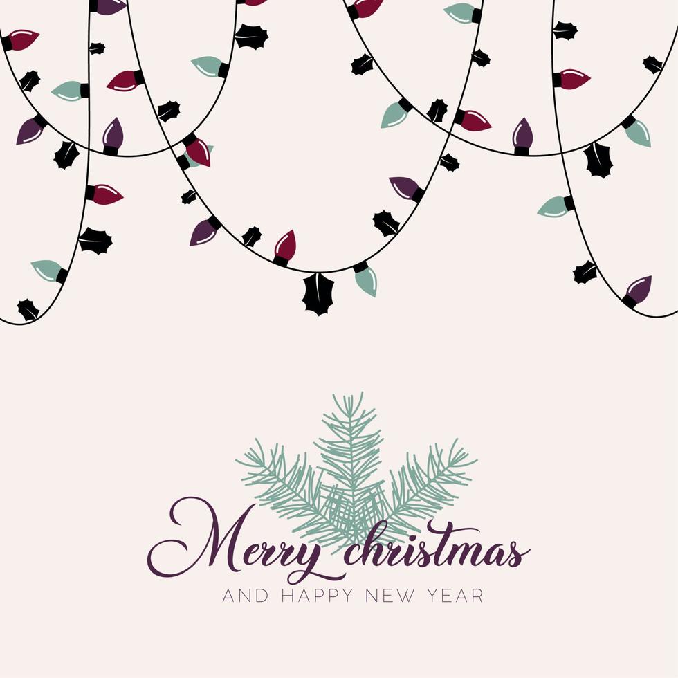 witte kerstcadeaukaart met gloeilampen en ornamenten Vectorbeelden vector