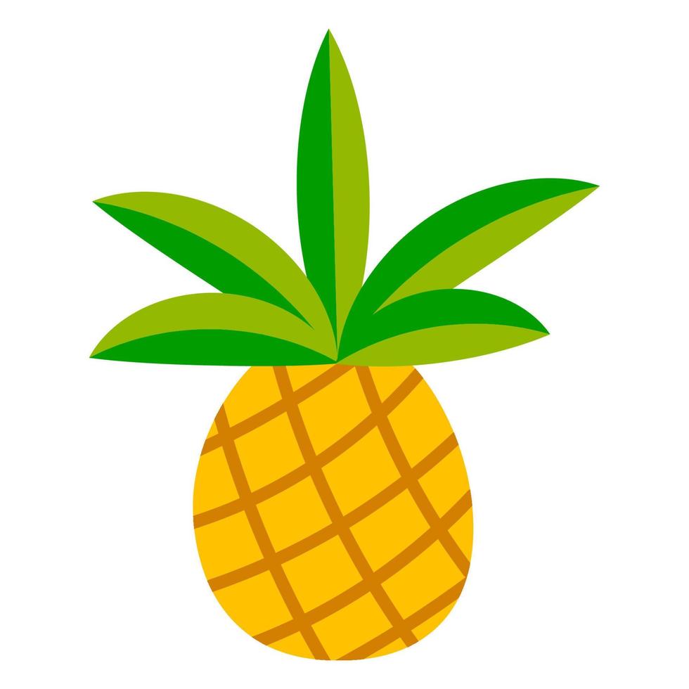 schattige platte gele en groene ananas met bladeren geïsoleerd op een witte achtergrond. cartoon tropisch fruit. vector