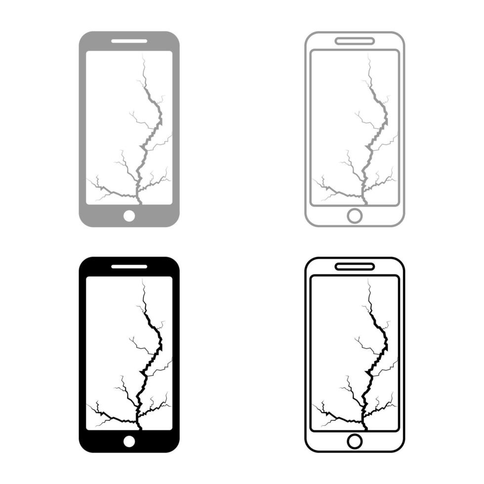 smartphone met barst op display gebroken moderne mobiele telefoon verbrijzeld smartphonescherm telefoon met gebroken matrix van scherm mobiele telefoon met gebarsten touchscreen in bodem gebroken glas telefoonpictogram vector