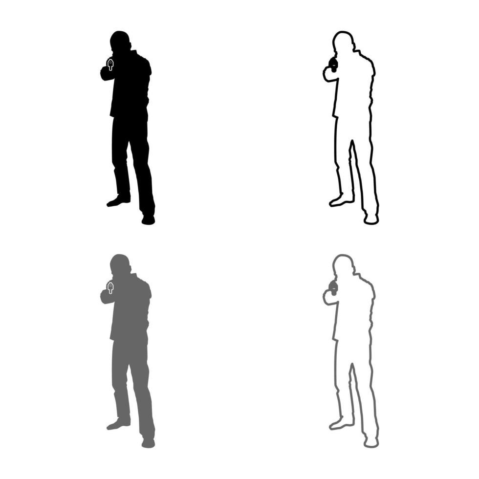man met pistool silhouet crimineel persoon concept vooraanzicht pictogrammenset grijs zwart kleur illustratie overzicht vlakke stijl eenvoudige afbeelding vector