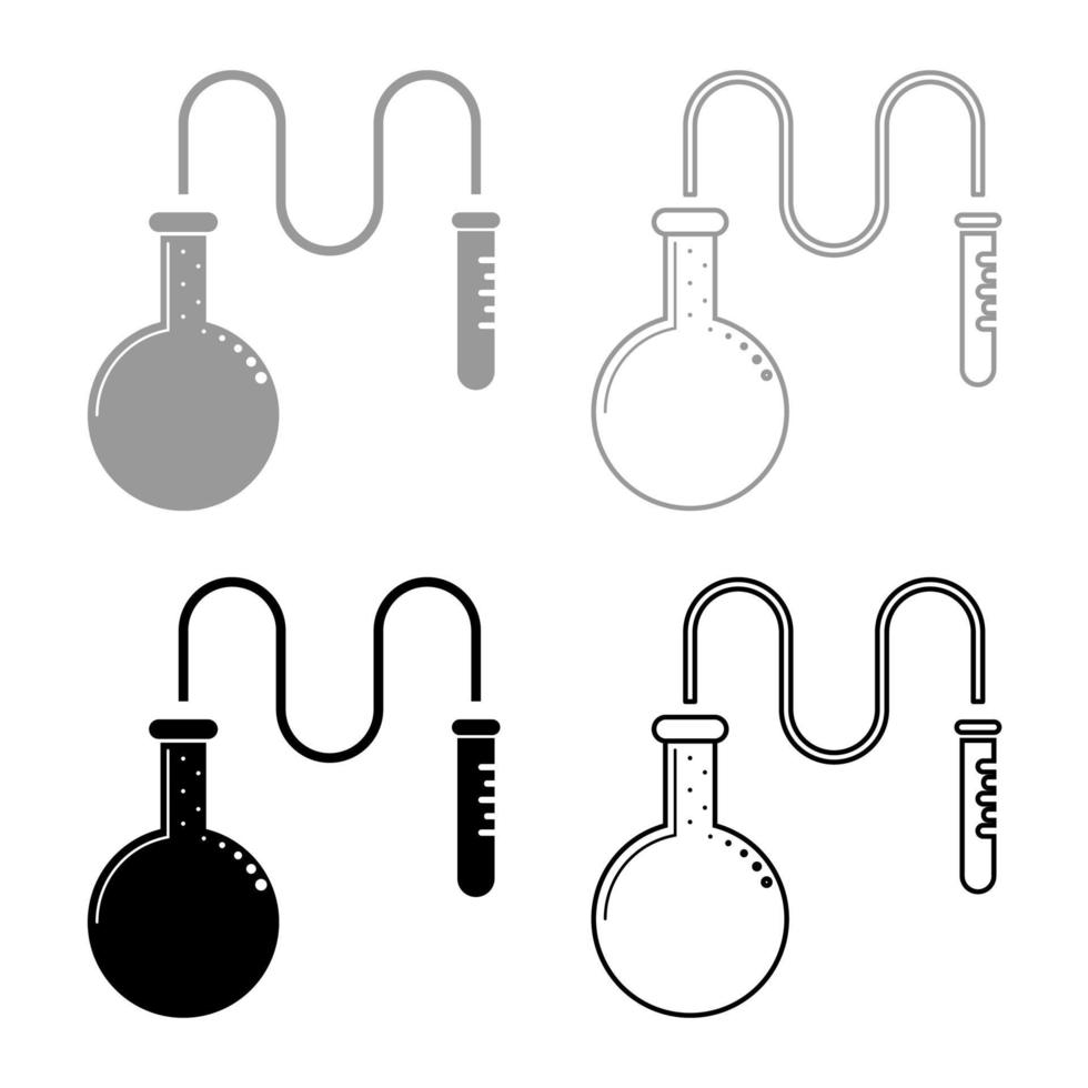 olie destillatie kolf voor chemische reagentia met reageerbuis met behulp van een dunne buis chemische reactie concept pictogrammenset grijs zwarte kleur illustratie overzicht vlakke stijl eenvoudig beeld vector
