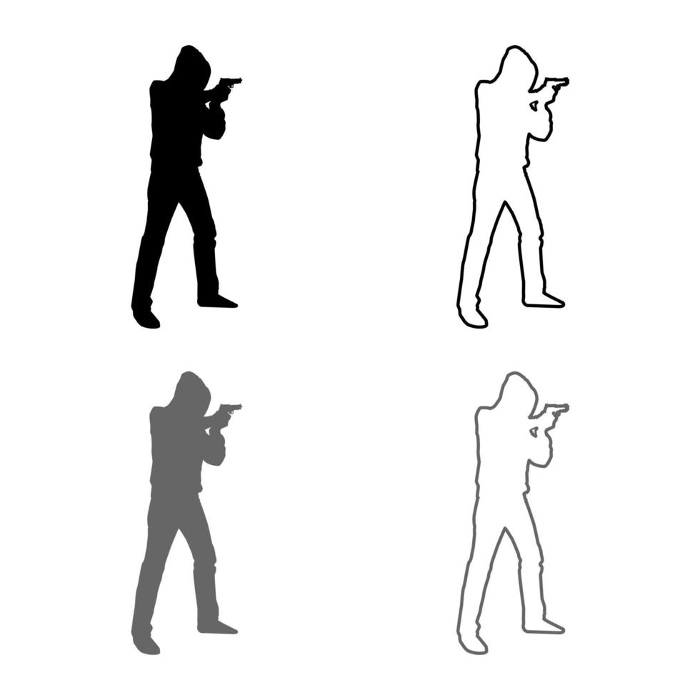 man in de kap met pistool concept gevaar korte arm pictogrammenset grijs zwart kleur illustratie overzicht vlakke stijl eenvoudige afbeelding vector