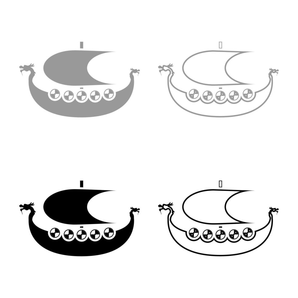 viking drakkar dracar zeilboot viking's schip viking boot pictogrammenset grijs zwart kleur illustratie overzicht vlakke stijl eenvoudig beeld vector