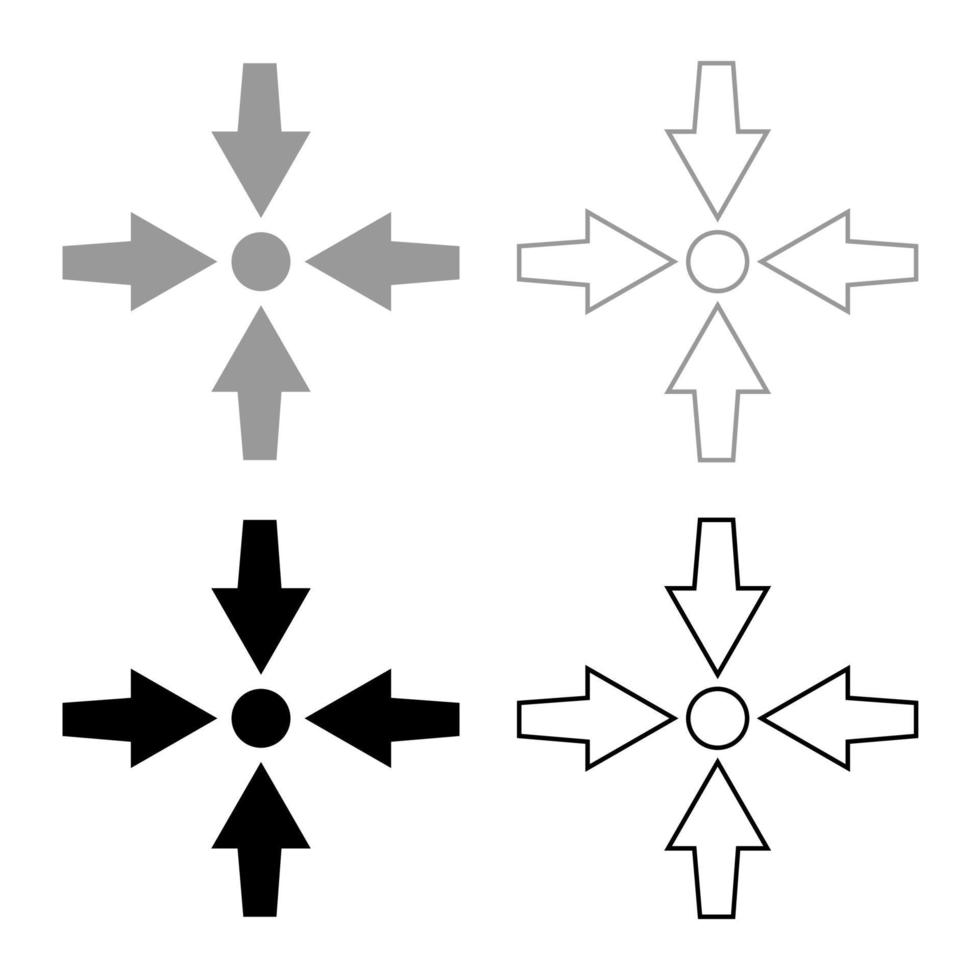 vier pijlen wijzen naar stip pictogrammenset grijs zwarte kleur vector