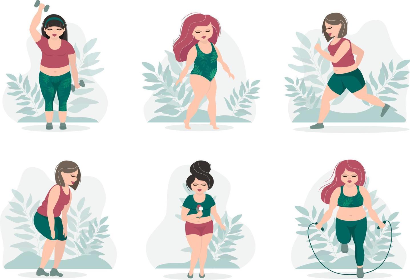 lichaam positief. gelukkige plus size meisjes actieve gezonde levensstijl. vectorillustratie. vector