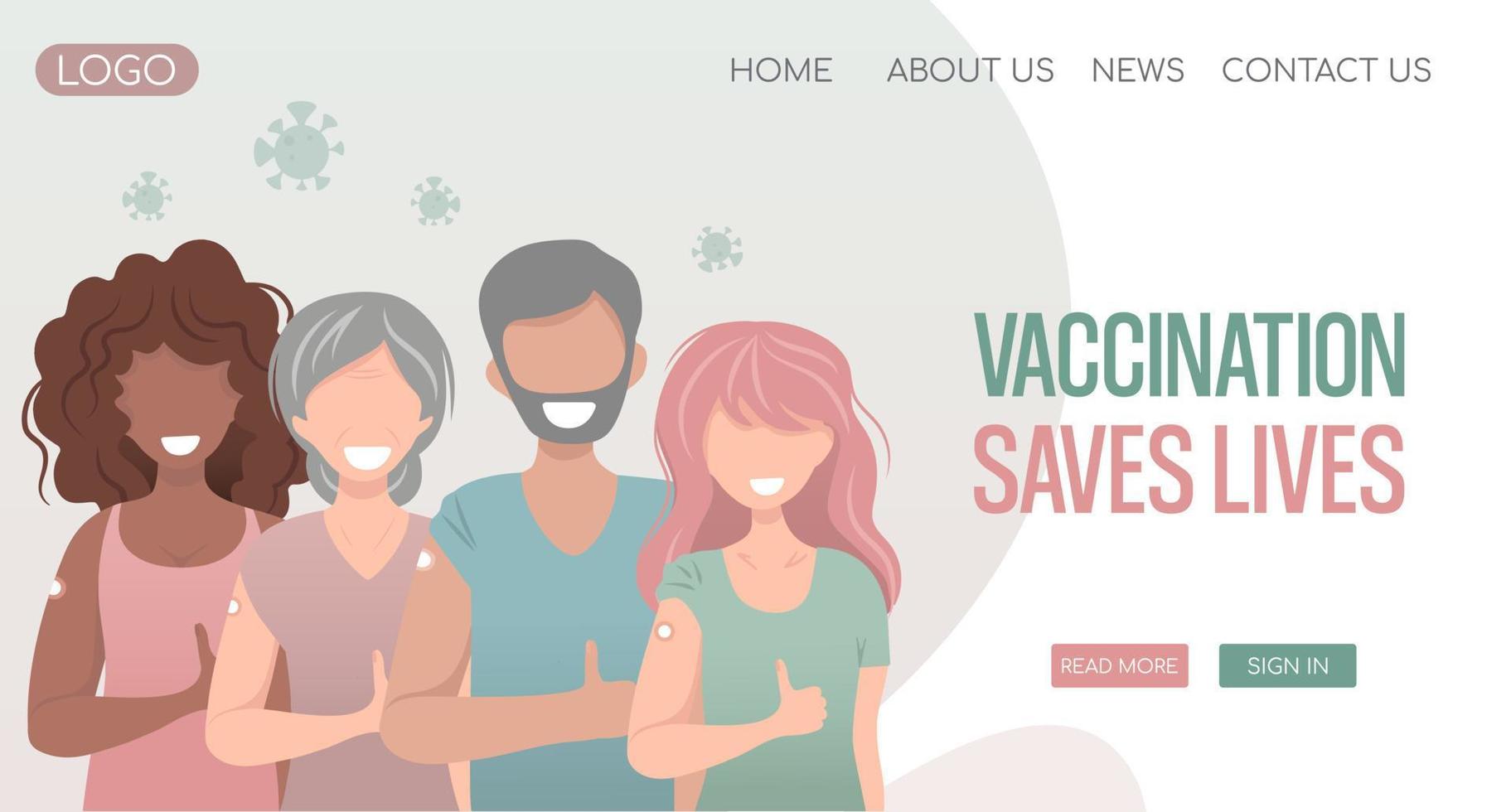 covid vaccinatieconcept voor immuniteitsgezondheid. gevaccineerde mensen van verschillende leeftijden, rassen, mannelijk en vrouwelijk, internationaal, multi-etnisch, multiraciaal. gezondheidszorg, coronavirus. webbanner vector