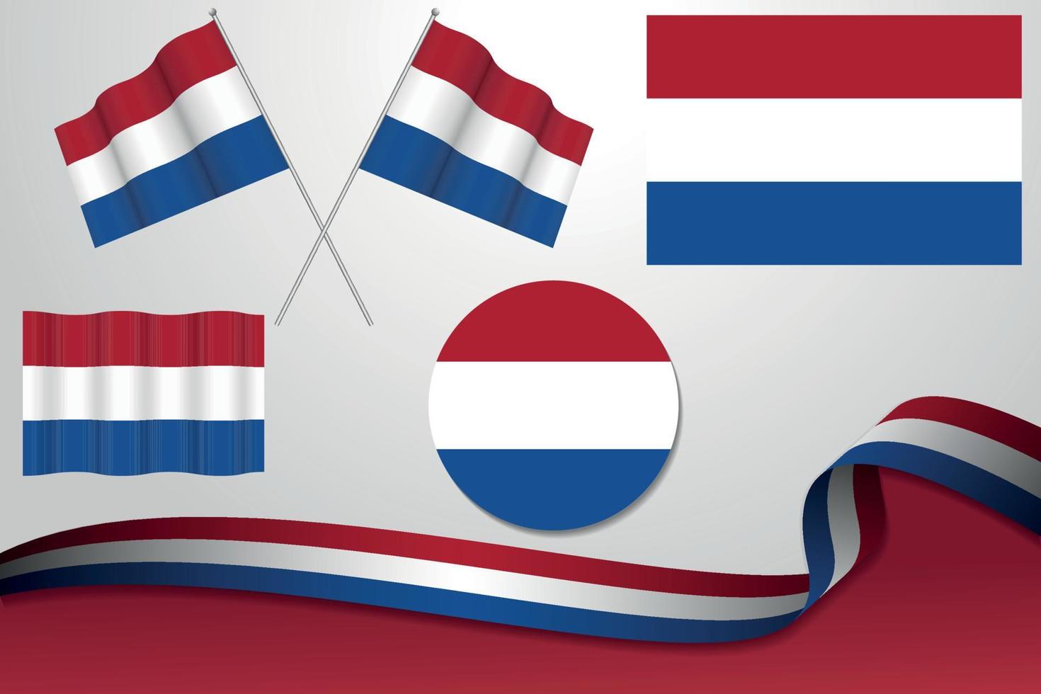 set nederland vlaggen in verschillende uitvoeringen, pictogram, vlaggen villen met lint met achtergrond. gratis vector