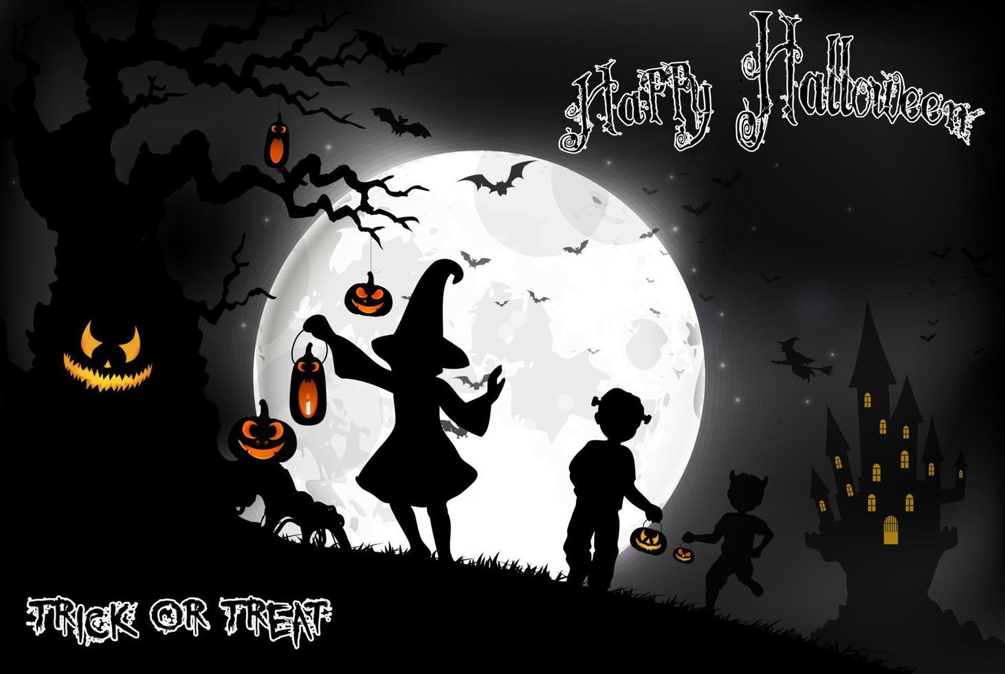 Halloween-achtergrond op de volle maan met kleine meisjes op de volle maan vector