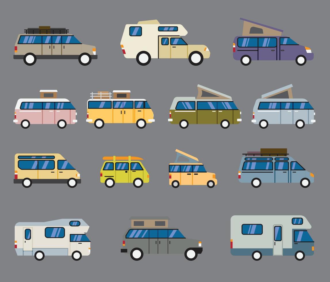 kampeerauto en recreatievoertuig platte ontwerpcollectie. vector