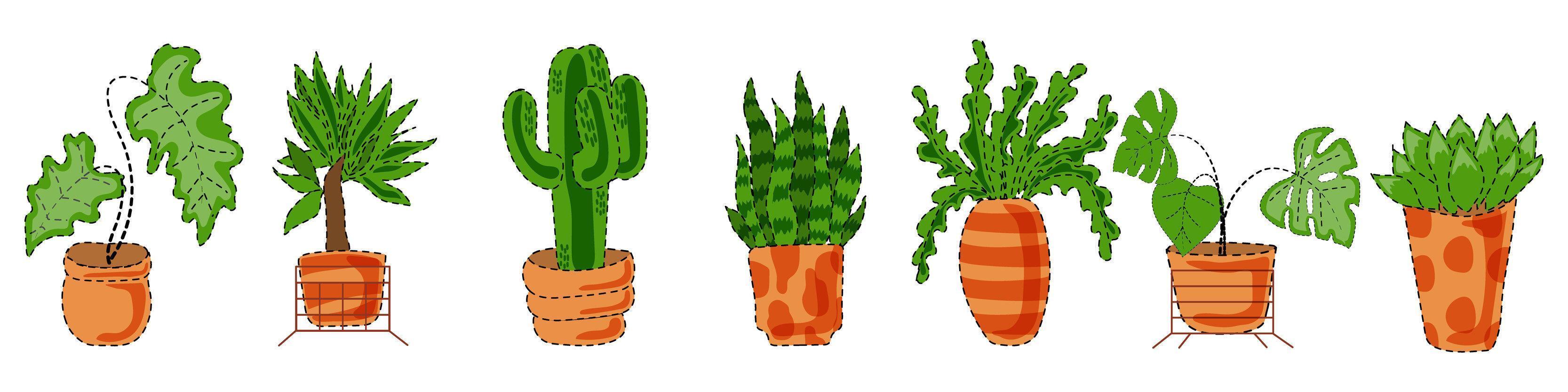 een set kamerplanten in verschillende potten. exotische monstera, dracaena, cactus en andere decoraties voor de groene ruimte. vector