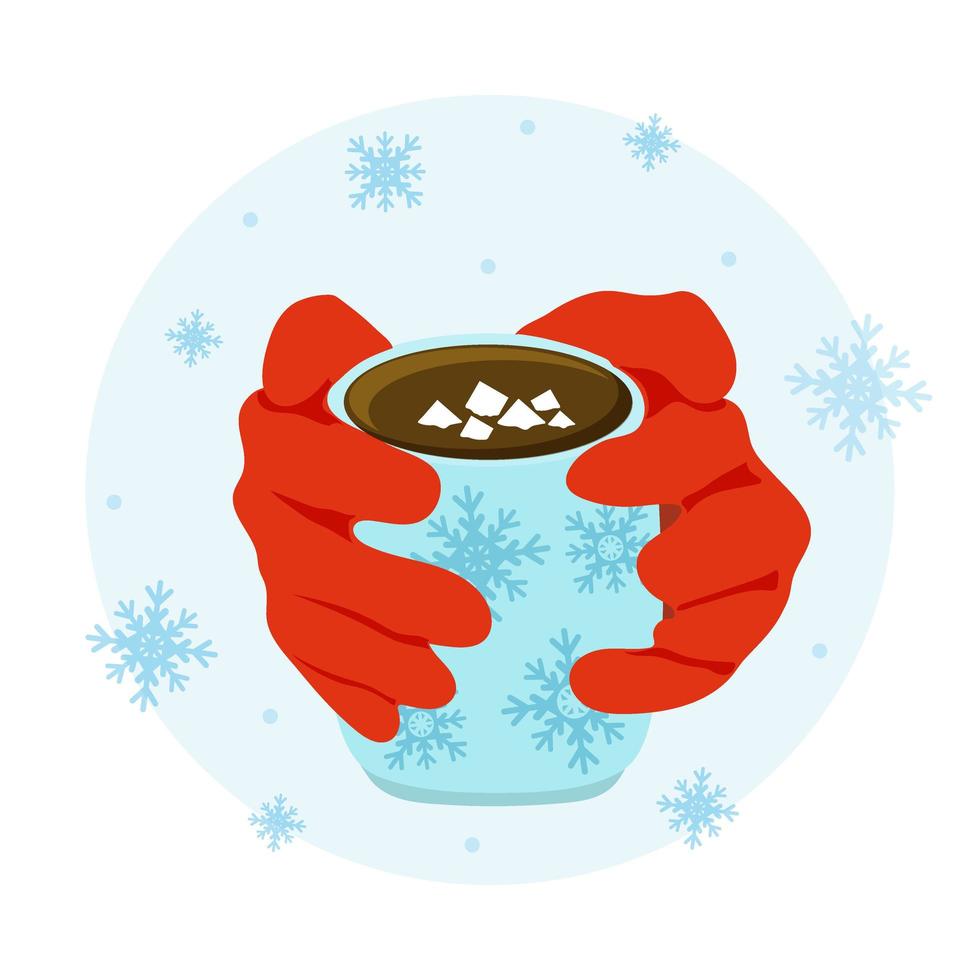 handen met een mok warme drank. sneeuwvlokken. cacao of warme chocolademelk. handen in rode handschoenen. schattige vectorillustratie in cartoon-stijl. vector