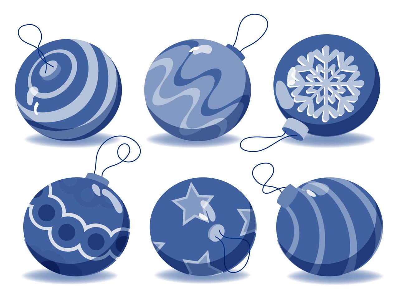 geïsoleerde elementen op een witte achtergrond. glazen bollen voor in de kerstboom. ballen met een ander patroon in blauwe tinten. de vector is gemaakt in vlakke stijl.