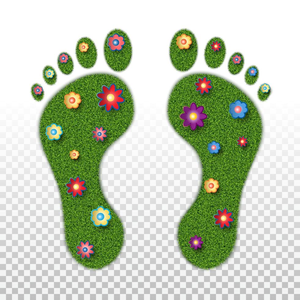 afdrukken van de benen van een volwassene met de textuur van groen gras en bloemen. ecologie, voetgezondheid, orthopedie, podologie. geïsoleerd op transparante achtergrond. vector illustratie